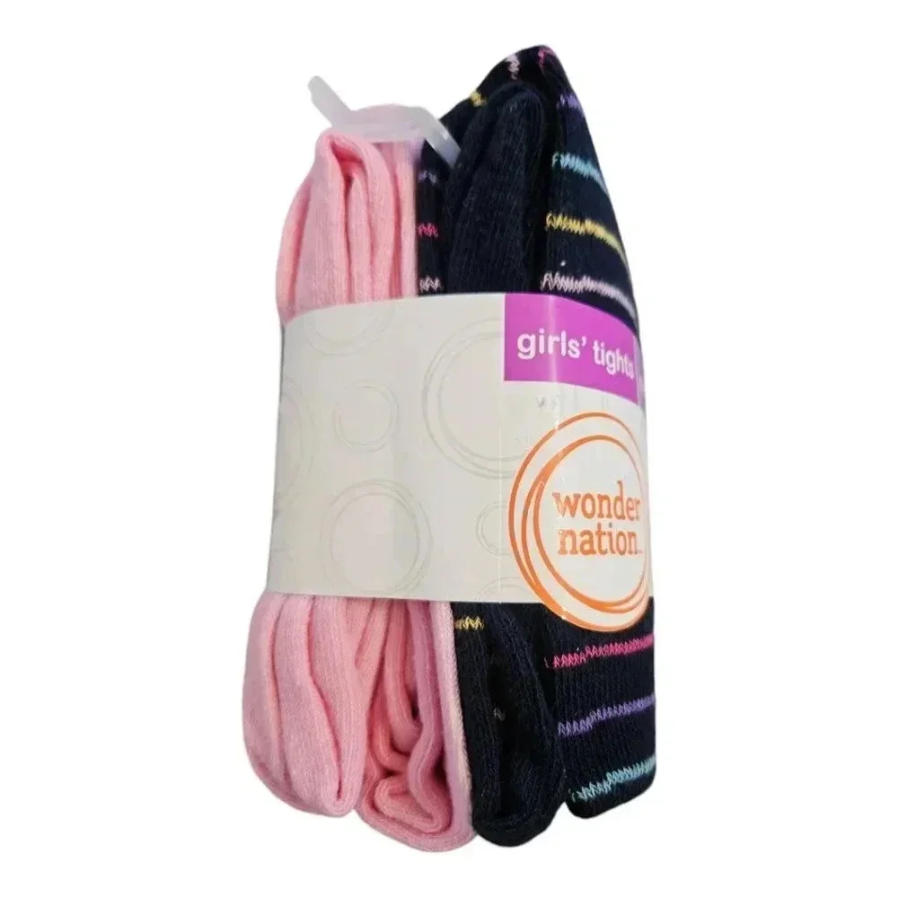 Girls MEDIUM 7-10 Navy Blue with 70s Stripes and Bubblegum Pink Tights Set of 2